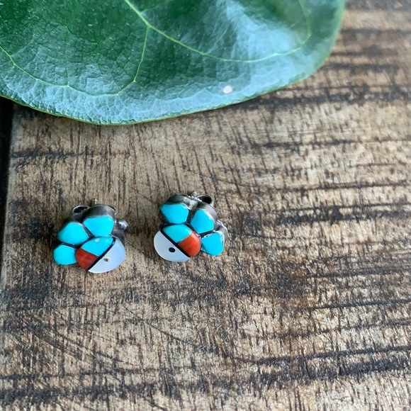 Genuine vintage silver Navajo turquoise, coral and mother of pearl earrings - Picture 4 of 7